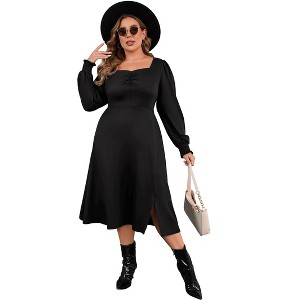 Women's Plus Size Sweetheart Neckline Dress Puff Long Sleeve A Line Slit Hem Midi Dress - 1 of 4