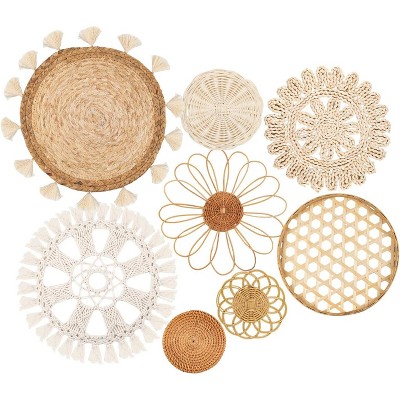 Attop Boho Wall Basket Decor Set of 8 - Flat Woven Basket Wall Hanging Decor,Round Tassels White Macrame Tapestry Wall Decor Art