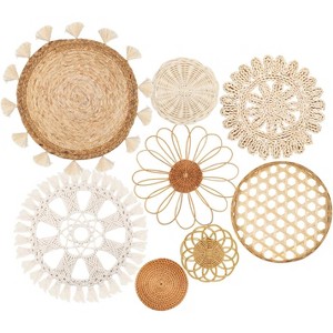 Attop Boho Wall Basket Decor Set of 8 - Flat Woven Basket Wall Hanging Decor,Round Tassels White Macrame Tapestry Wall Decor Art - 1 of 4