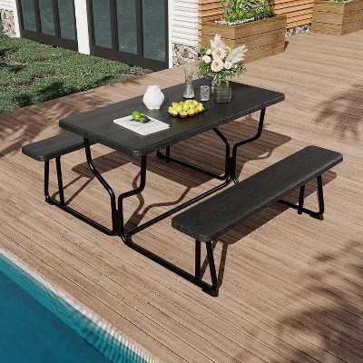 Outdoor Picnic Tables with Benches, Plastics Picnic Table Bench Set with Metal Frame, Camping Table Chair Set for Patio Lawn Garden Backyard