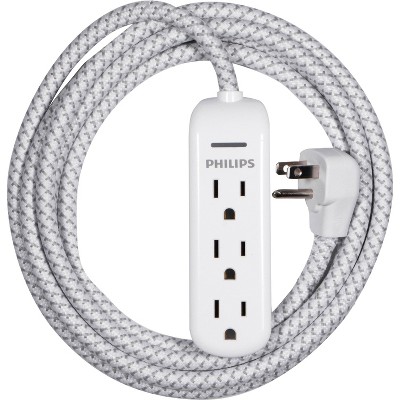 Philips 3-Outlet Surge Protector with 8ft Braided Extension Cord, Gray, White