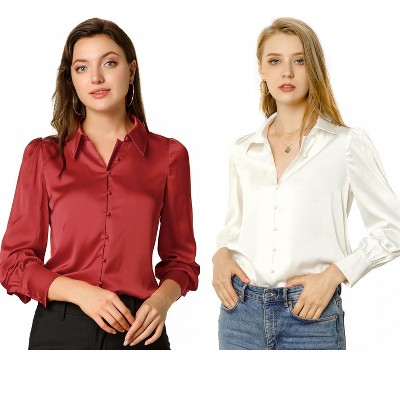 Allegra K Women's Satin Puff Sleeve Point Collar Vintage Button Up Shirt 2 Pcs