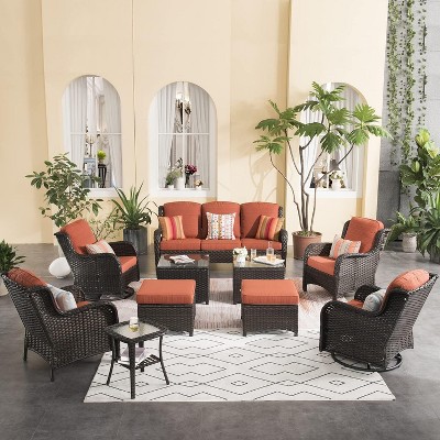XIZZI Wicker Patio Furniture Set with 3-Seat Sofa, Swivel Rocking Armchairs & Ottomans & Side Table, Modular Sectional Outdoor Conversation Sofa Set
