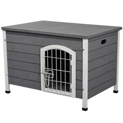 PawHut 31"L Wooden Decorative Dog Cage Kennel Wire Door with Lock Small Animal House with Openable Top Removable Bottom Grey