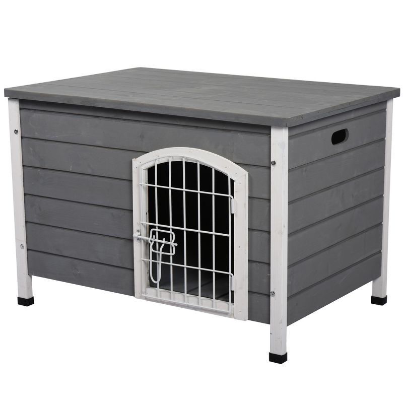 PawHut 31"L Wooden Decorative Dog Cage Kennel Wire Door with Lock Small Animal House with Openable Top Removable Bottom Gray, 1 of 10
