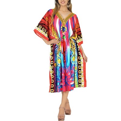 LA LEELA Women's House Daily Routine Evening Wear Loungewear African Casual Cover Up Kaftan Blue, Abstract 2X-3X Multicolored, Floral