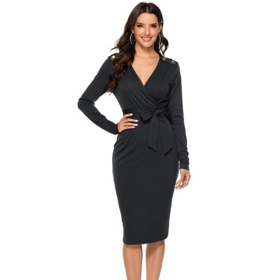 Womens Long Sleeve Slim Midi Dress Wedding Guest Bodycon Dress with Belt Criss Cross V-Neck Elegant
