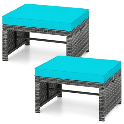 Costway Patio Ottomans Set of 2 PE Rattan Footstools with Removable Cushions & Metal Frame Red/Gray/Black/White/Turquoise/Navy