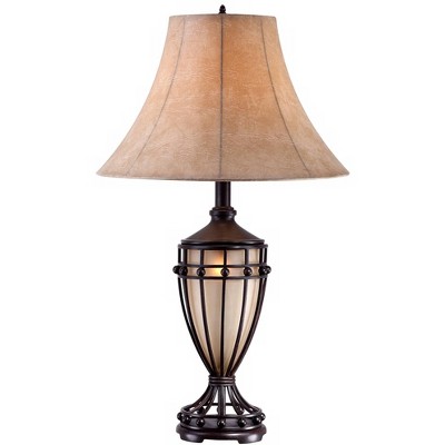 Franklin Iron Works Traditional Table Lamp with Nightlight Urn 33" Tall Dark Iron Bronze Beige Fabric Bell Shade for Living Room Bedroom