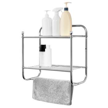 Juvale Wall Mounted 2 Tier Storage Organizer Shelf for Bathroom & Kitchen, Chrome Metal Shower Caddy with Towel Rack
