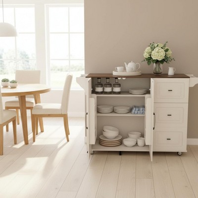 Homy Casa Kitchen Island with Drop Leaf Countertop, Storage Cabinets, and 3 Drawers for Dining Room or Coffee Corner, White and Walnut