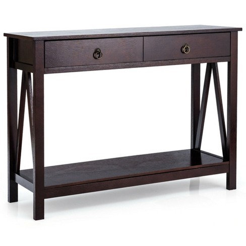 Espresso console table store with drawers