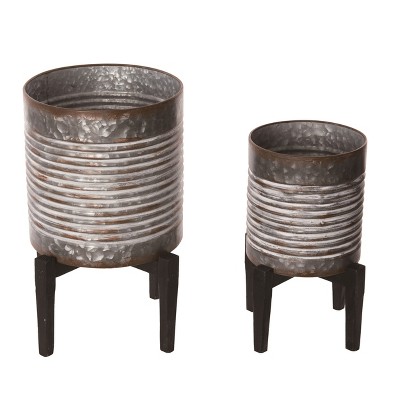 Transpac Metal 15.25" Silver Spring Barrel Containers with Stand Set of 2