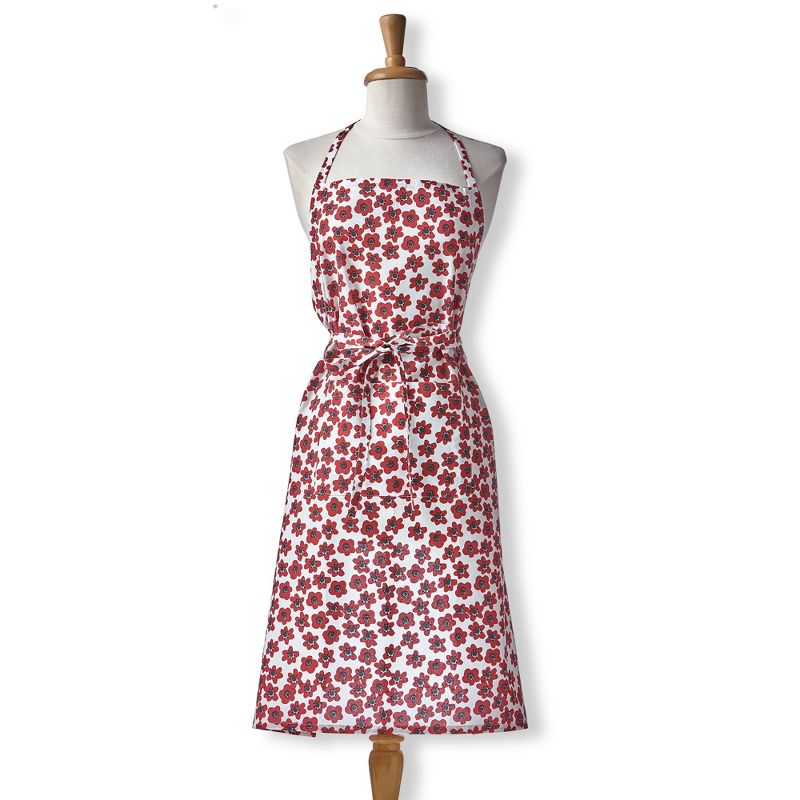 TAG Happy Flower Small Red Flower Print Cotton Bib Apron with Waist Tie and 2 Pocket, One Size Fits Most,35"L x 24" W, Machine Wash, 1 of 3