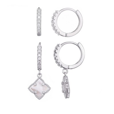 Adornia Silver Plated Halo White Mother of Pearl Clover CZ Huggie Set