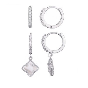 Adornia Silver Plated Halo White Mother of Pearl Clover CZ Huggie Set - 1 of 4