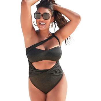 Swimsuits for All Women's Plus Size Shimmer Bandeau Twist Shoulder One Piece