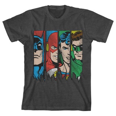 The Justice League Four Superheroes Youth Charcoal Heather Graphic Tee ...