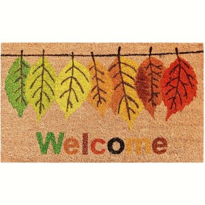 HomeRoots 17" X 29" Natural Green and Orange Coir Botanical Leaves Welcome Outdoor Fall Door Mat - 1 of 3