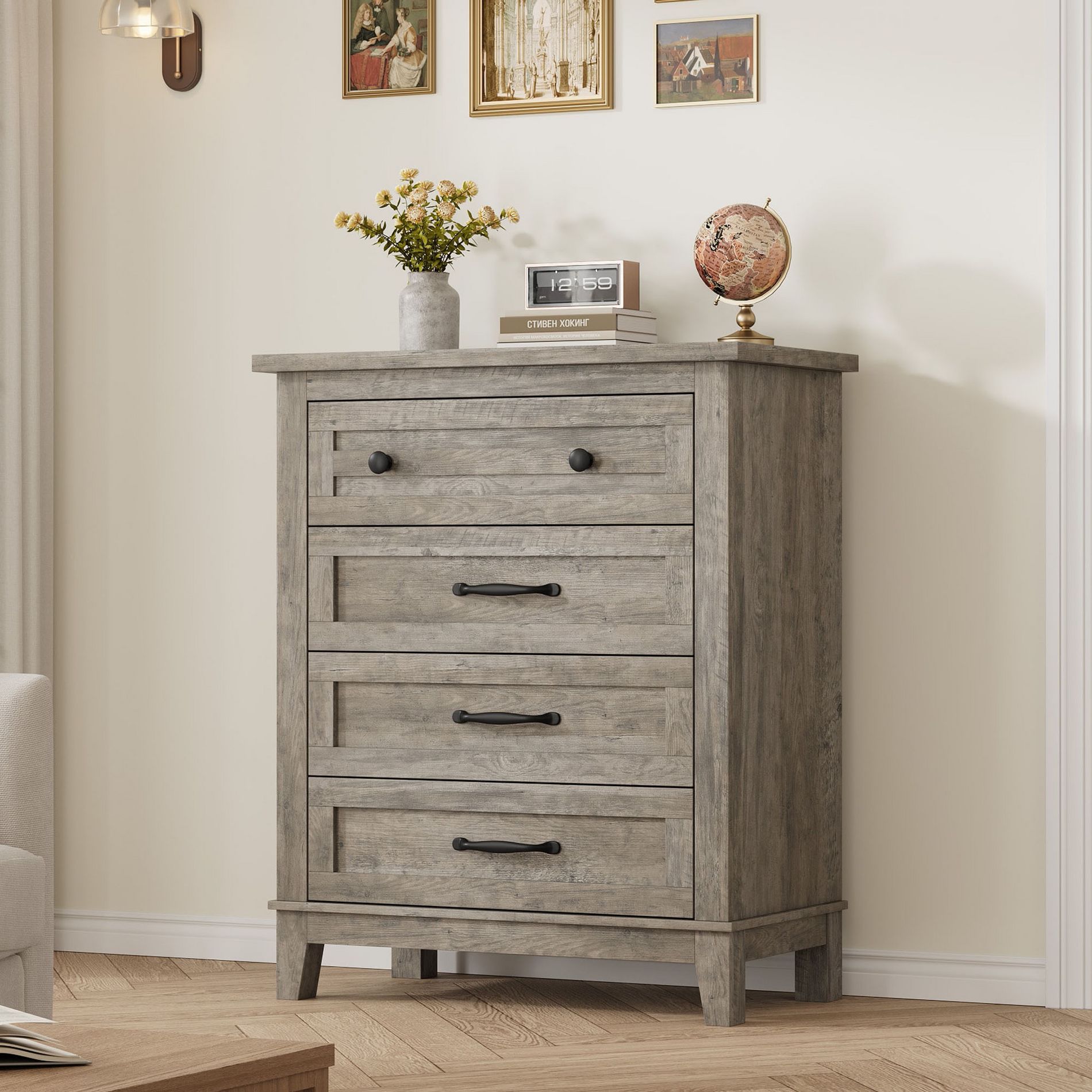Garvee 4 Dresser for Bedroom, 34.8" Tall Drawer Dresser with Storage Freestanding, Wooden Closet Storage Chest for Living Room, Bedroom, Ash Grey