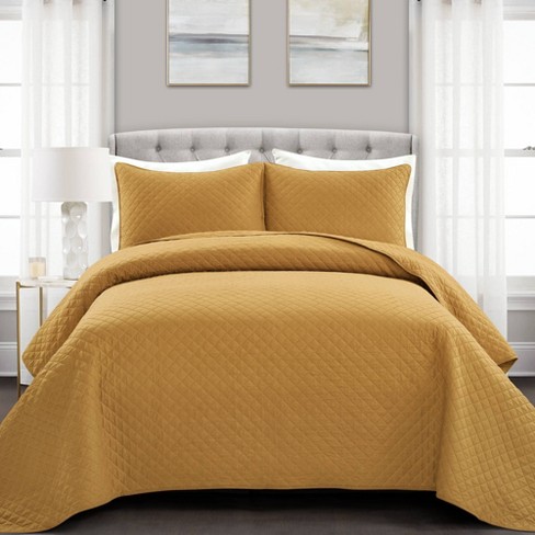 3pc King Ava Diamond Oversized Cotton Quilt Set Mustard Yellow