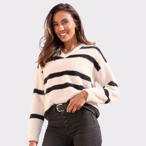 Women's Fuzzy Knit Striped Sweater - LASCANA - 1 of 4