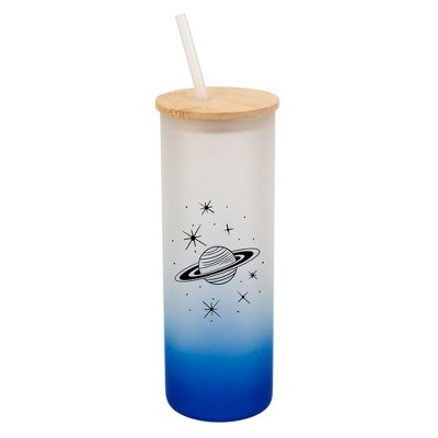 Elanze Designs Saturn Planet Rings Galactic Stars Wrap-Around Design 25 Ounce Frosted Gradient Glass On-The-Go Coffee Travel Skinny Tumbler Mug Cup,