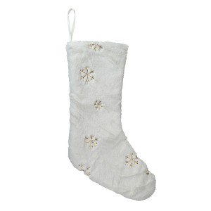 Northlight 18" White Faux Fur Christmas Stocking with Gold Sequined Snowflakes - 1 of 1