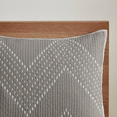 Gray King Cotton Reversible Quilt Set with Ridged Embellishment