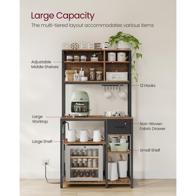 Rustic Brown and Black Adjustable Particle Board Bakers Rack with Charging Station