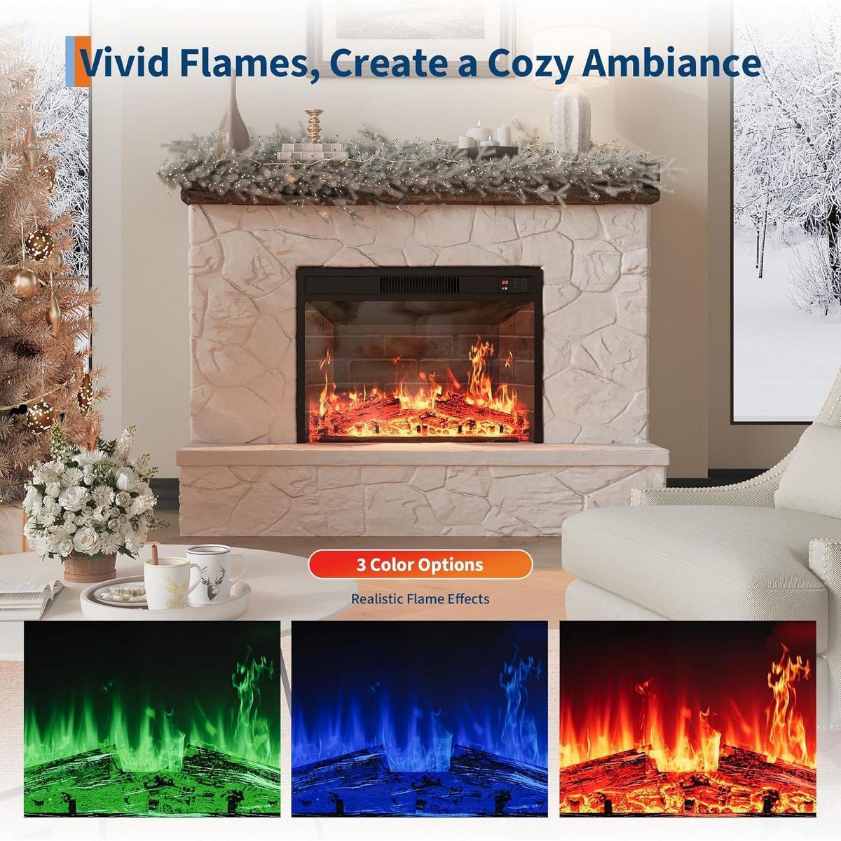 Garvee 23" Electric Fireplace, Recessed, 750/1500W, Remote & Touch Control, Timer, 12 Flame - thumbnail 4