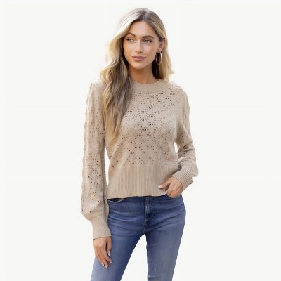 Women's Beige Cropped Openwork Knit Pullover Sweater - Cupshe