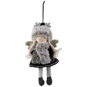 Northlight Plush Winter Angel Girl Hanging Christmas Ornament - 8.5" - Gray and Black - 1 of 4