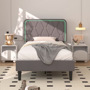 VECELO Upholstered Smart LED Bed Frame with Adjustable Headboard - 1 of 4