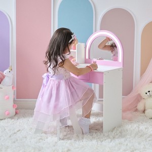 Teamson Kids Rosé Shine Wood Vanity  Set with LED Lights, Makeup Table, Mirror & Stool, Pink/White - 1 of 4