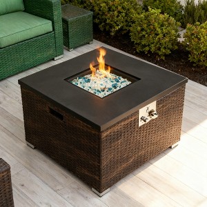 BAOURE 32-inch Square Dark Brown Wicker Propane Fire Pit Table, 50,000 BTU Outdoor Gas Fire Table with Glass Rocks & Tank Cover - 1 of 4