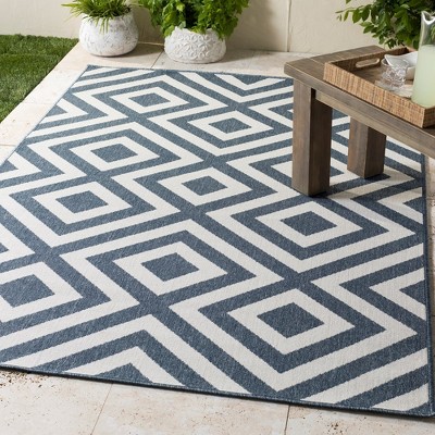 Maya Blue and White Geometric Wool Area Rug