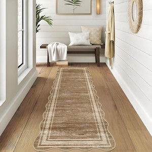 2x6 Washable Scalloped Runner Rug, Low-Pile Soft Non-Slip Indoor Carpet for Hallway, Kitchen, Entryway, Laundry, Camel - 1 of 4