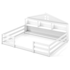 Costway Twin/Full Size Montessori Floor Bed with LED Lights Safety Guardrails Compartments Shelf White/Gray - 1 of 1