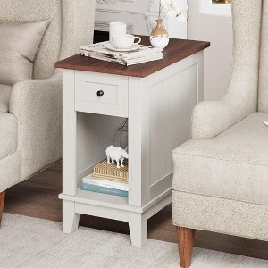 Narrow Side Table with Charging Station, Small Farmhouse End Table with Storage for Bedroom Living Room, White and Brown - 1 of 4