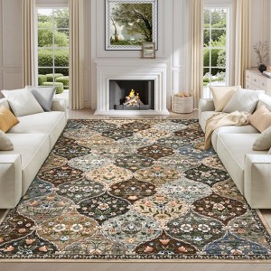 Washable Area Rug Floral Print Accent Carpet with Non-Slip Backing - 1 of 4