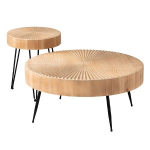 COZAYH 2-Piece Modern Farmhouse Living Room Coffee Table Set, Nesting Table Round Natural Finish with Handcrafted Wood, Radial Pattern - 1 of 4