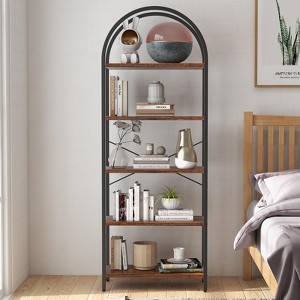 70.8" 5 Tiers Bookshelf, Arched Display Racks Tall Standing Bookshelves Metal Frame Modern Storage Rack Shelf Large Wood Book Shelf - 1 of 4