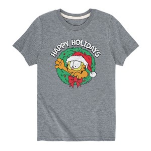 Boys' - Garfield - Happy Holidays Wreath Short Sleeve Graphic T-Shirt - 1 of 4