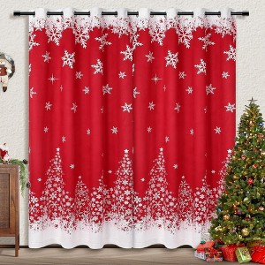 Merry Christmas Window Curtains, White Snowflakes Christmas Red Velvet Curtains Set of 2 Panels for Bedroom Living Room Kitchen Decor - 1 of 4
