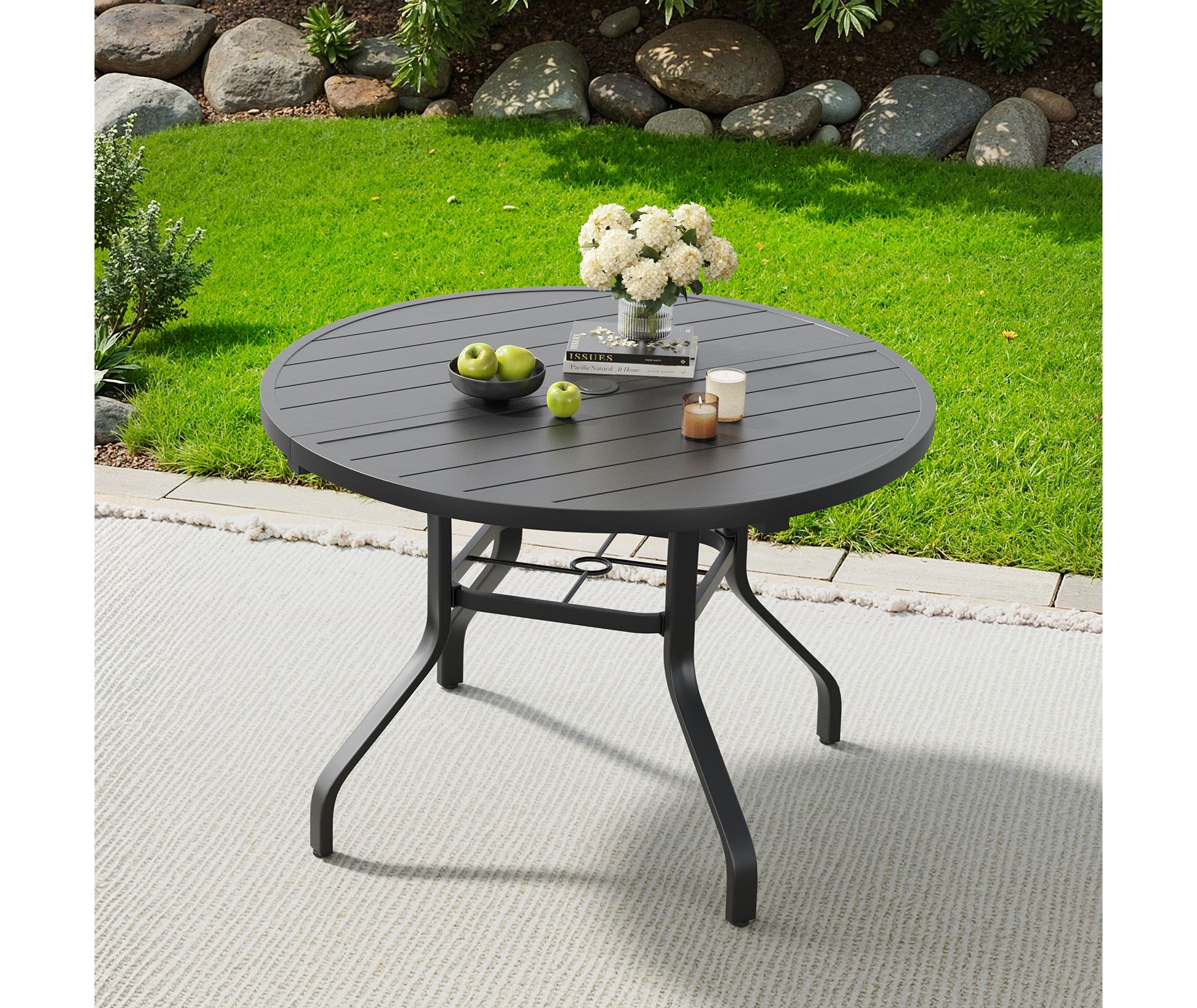 GDFStudio Raventon Round 41" Outdoor Metal Dining Table with Umbrella Hole and Slat Top, Black
