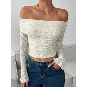 Coolmee Women's Floral Lace Off Shoulder Crop Tees Tops Long Sleeve Shirts Tight Fitted Going Out T-Shirt - 1 of 3