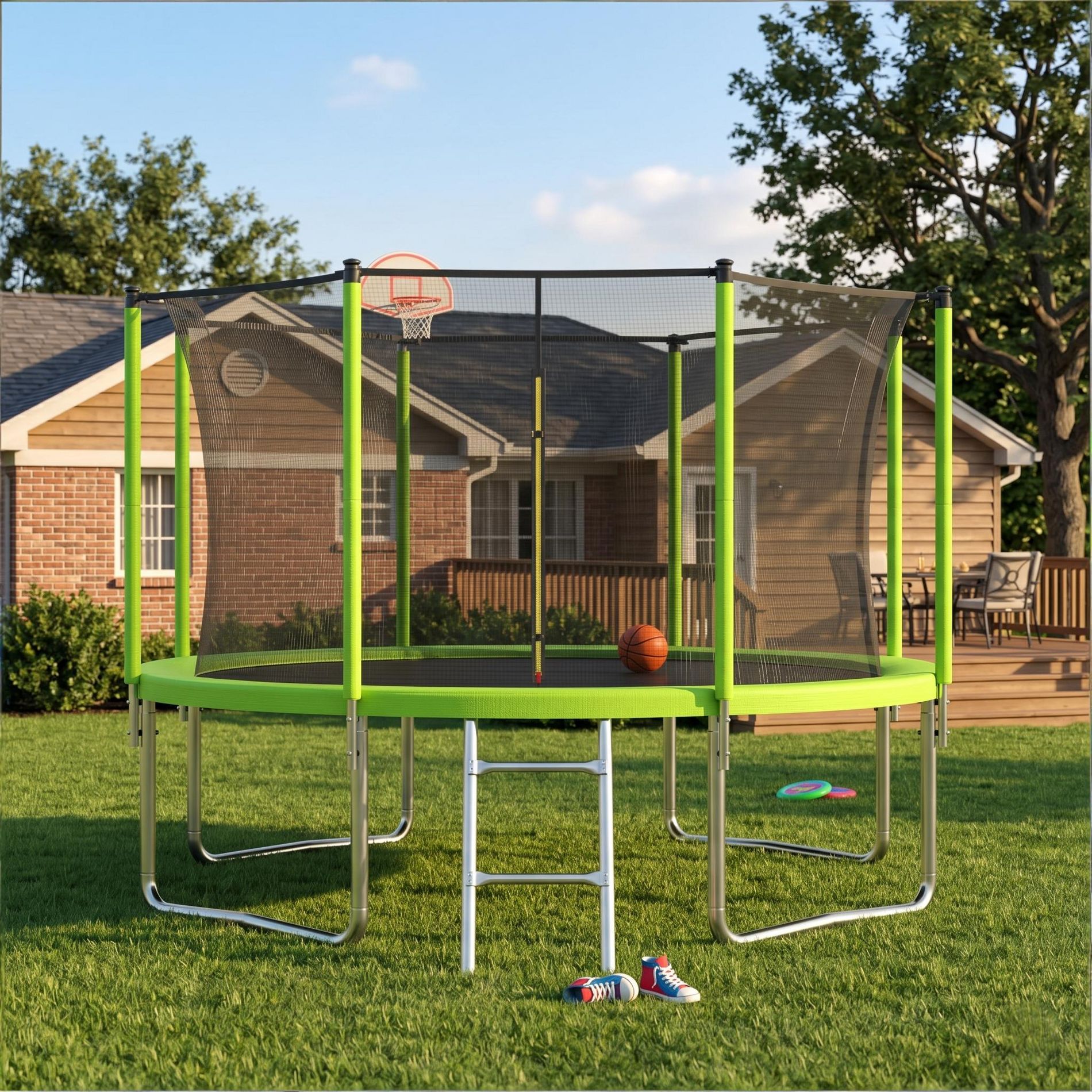 12-Foot Round Trampoline with Safety Enclosure and Basketball Hoop - Green