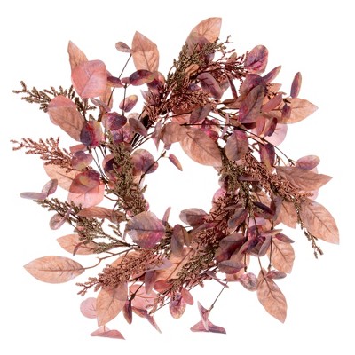Vickerman 16" Dusty Rose Artificial Fall Eucalyptus and Berry Wreath Candle Ring