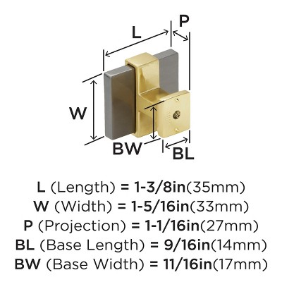 1-3/8 inch Black Chrome and Brushed Gold Square Knob